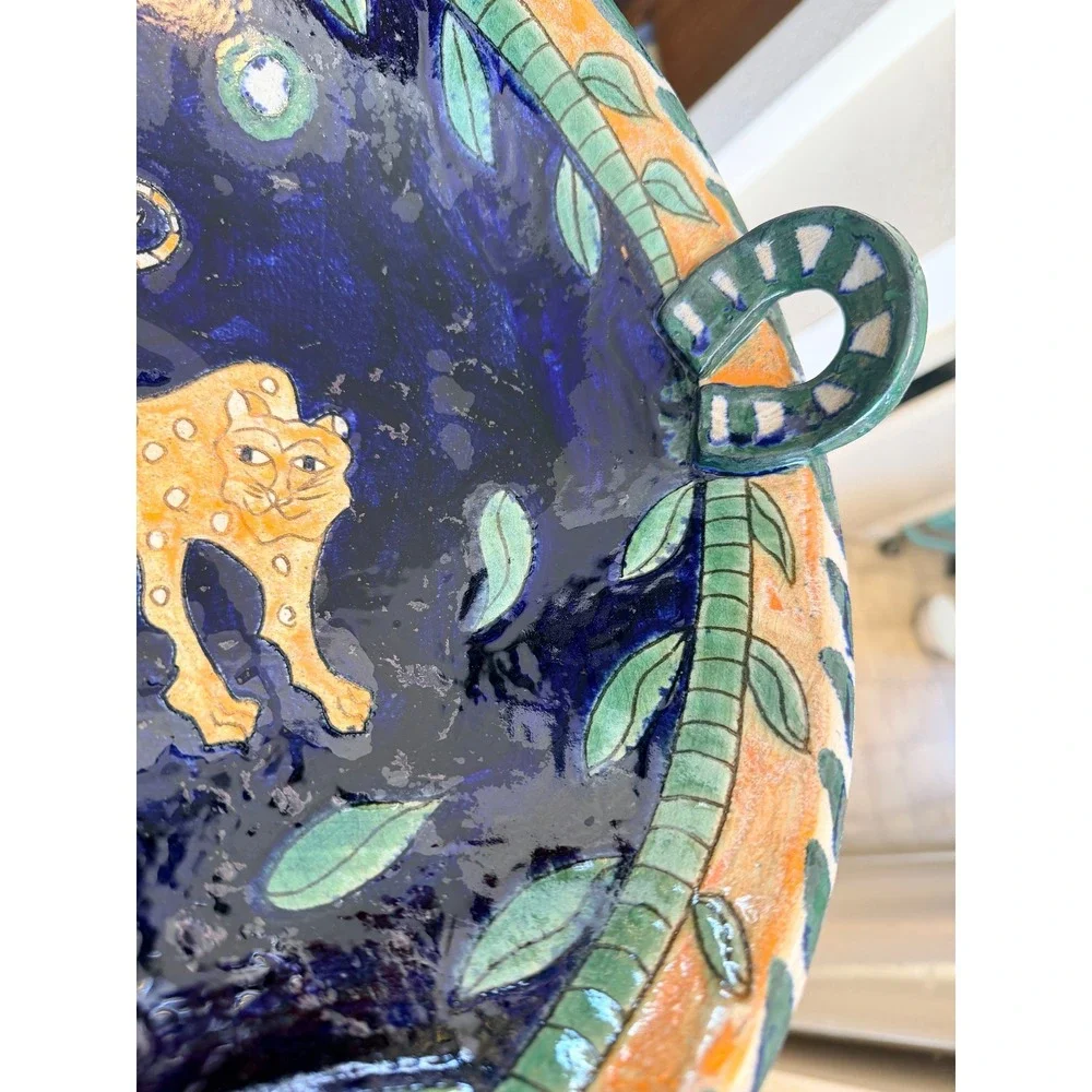 Artisan Pottery Leopard Serving Bowl Blue Hand Painted Folk Art 14